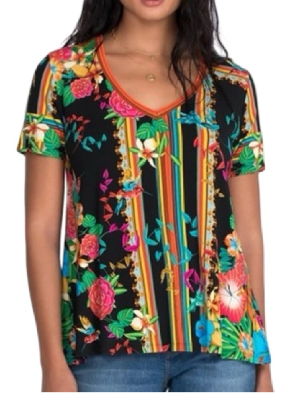 Johnny Was Women’s Size XL Black Multi Floral Bird Stripe V-Neck Tee T-Shirt